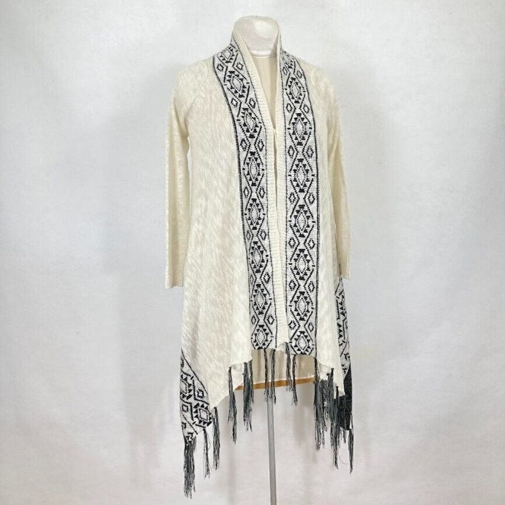 Woven Heart Aztec Geometric Open Front Cardigan Sweater Fringe Med